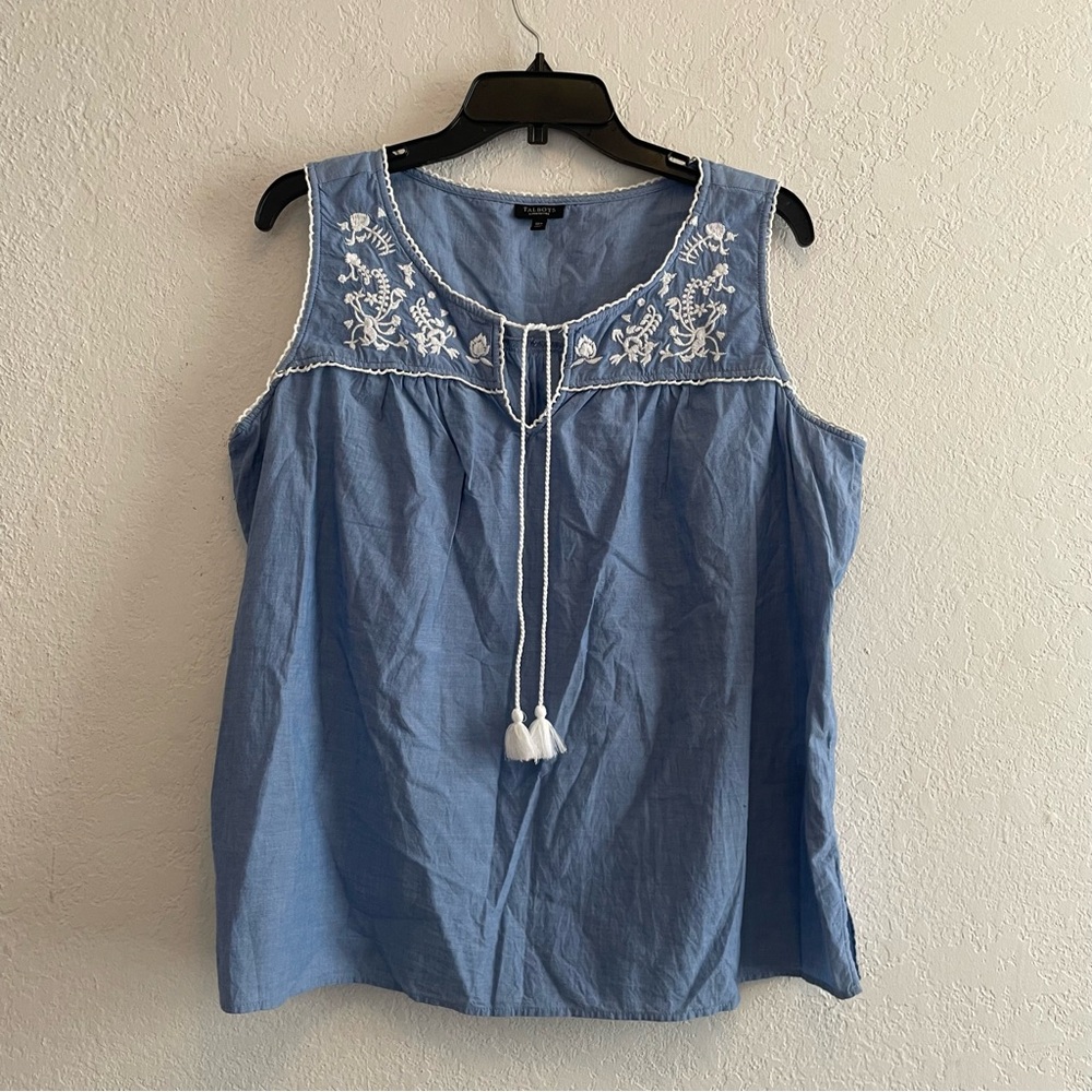TALBOTS Tank Top 1XP Chambray Embroidered Tassel Tie Popover Shell Cotton Blue - Picture 2 of 7
